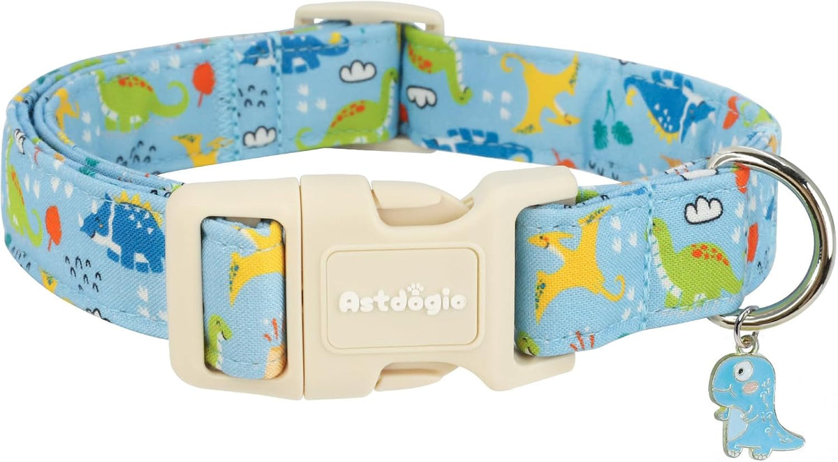 Medium Dog Collars for Male Dogs - Blue Dinosaur / L