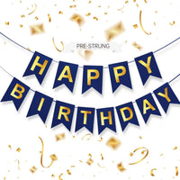 Happy Birthday Banner,Pre-Strung Black and Gold Party Decorations，16ft Pre-Strung Hanging Sign - blue