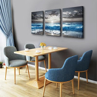 TTHYUEWS Black And White Beach Wall Pictures Wall Decor For Living Room Canvas Wall Art For Bedroom Office Decorations Blue Sea Wave Ocean Paintings Artworks Canvas Art Modern Home Decor 3 Pieces
