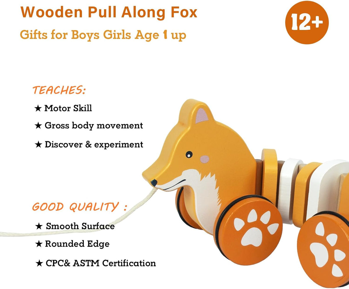 Baby Toys Car,Wooden Pull Along Toy for Toddlers 1 2 3 Year Olds – Fun for Kids & Family - Fox - image 2