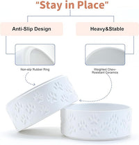 SPUNKYJUNKY Ceramic Dog Bowls 2 Pack, 7.3'' Dog Food Water Double Feeding Bowls Non-Slip for Medium to Large Sized Breed Microwave Dishwasher Safe - 42 OZ, 2pcs, Paw White