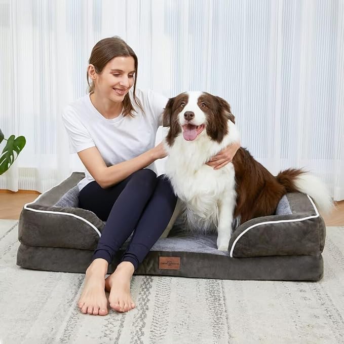 Comfort Expression Orthopedic Memory Foam Dog Beds, Waterproof Dog Beds Large Sized, Washable Dogs Beds with Removable Cover, Pet Sofa Couch with Bolster(Large,Olive Green)