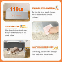 Vivifying Stainless Steel Litter Box with Lid, XL Side Entry Extra Large Litter Box for Big Cats & Kitty, Removable Enclosed Metal Cat Pan with High Sided Enclosure, Scoop, Mat, Footboard (Gray)