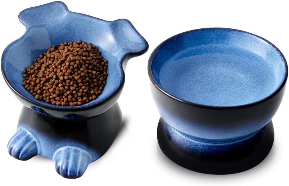 Nihow Elevated Ceramic Dog Bowls: 6.5 Inch Raised Dog Bowl for Food - 8.5 OZ + 22 OZ (2 Bowls) / Blue & Black