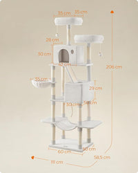 Feandrea Cat Tree, 81.1-Inch Large Cat Tower with 13 Scratching Posts, 2 Perches, 2 Caves, Basket, Hammock, Pompoms, Multi-Level Plush Cat Condo for Indoor Cats, Cream White UPCT190T01