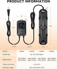 AQQA Aquarium Heater,64-95°F Fast Heating Double Quartz Glass Tube Fish Tank Heater,High-definition LCD Controller Displays Real-time Power,Anti-dry and Over-temperature Protection (1200W 210-330 Gal)