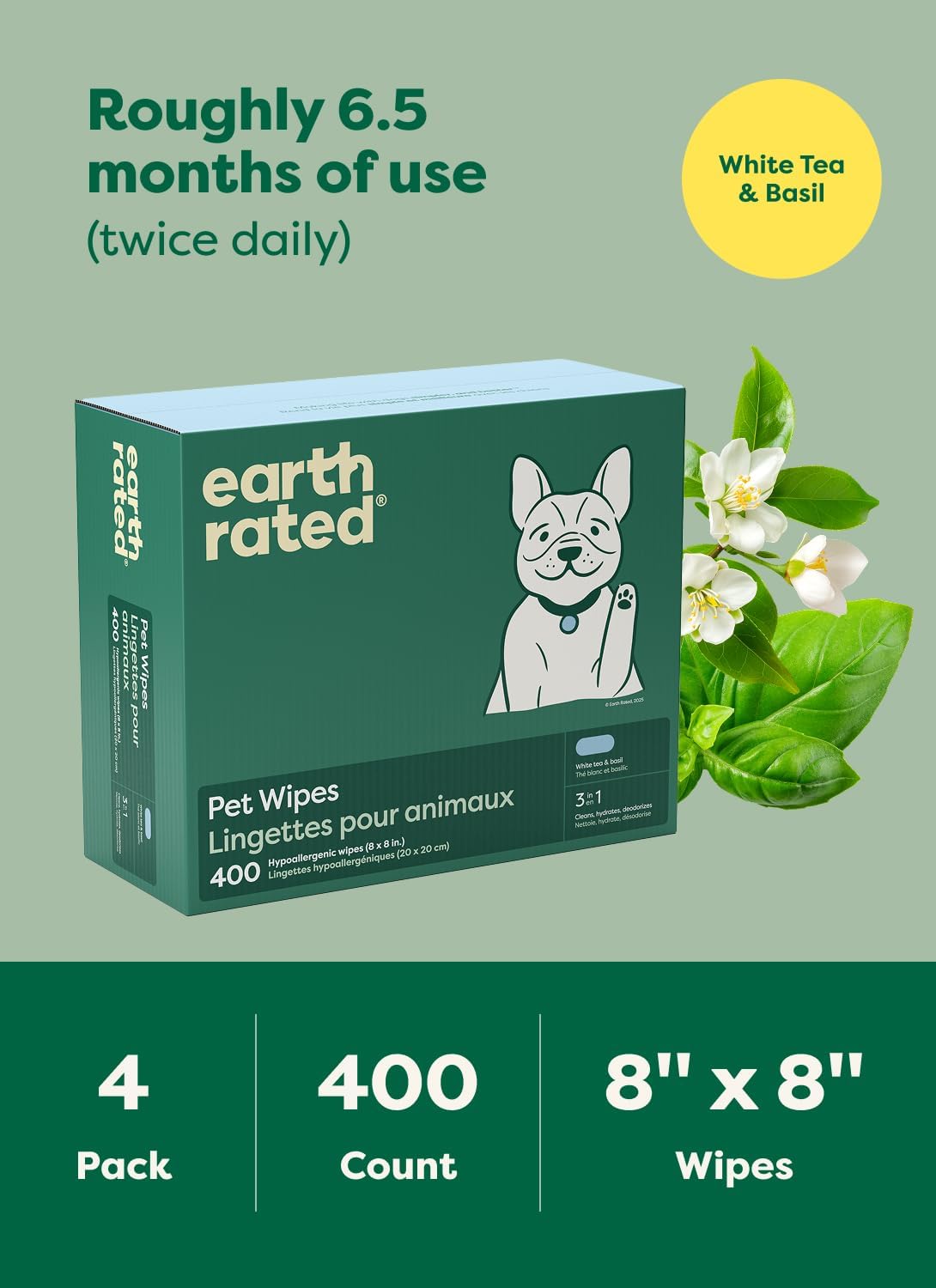 Earth Rated Dog Wipes for Paws & Butt, Deodorizing - White Tea Basil / 400 Grooming Wipes - image 4