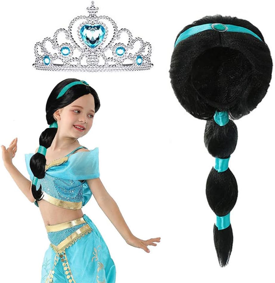 Yosbabe Arabian princess wig for girls with long black braid and tiara - view 2