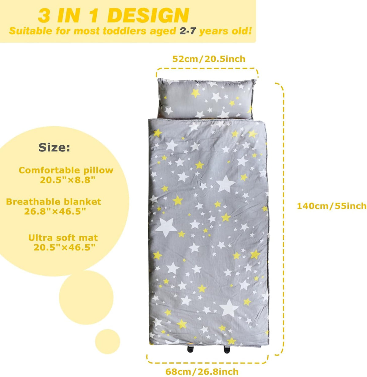 Toddler Nap Mat with Removable Pillow & Soft Blanket - Stars - image 2