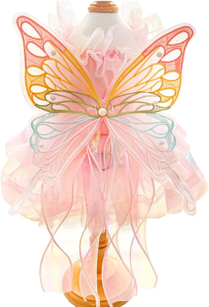 Pink butterfly dog costume dress with lace tutu skirt and gauze wings for small dogs