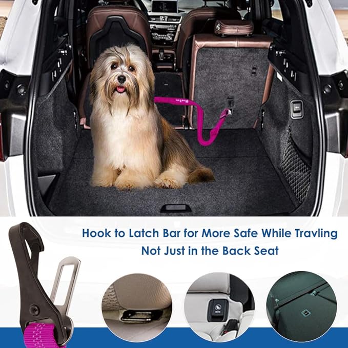 SlowTon Dog Seat Belt, Adjustable Dog Safety Belt Leash, 2 in 1 Latch Bar Attachment Dog Car Seatbelt with Elastic Nylon Bungee Buffer, Reflective Nylon Belt Tether (FU)