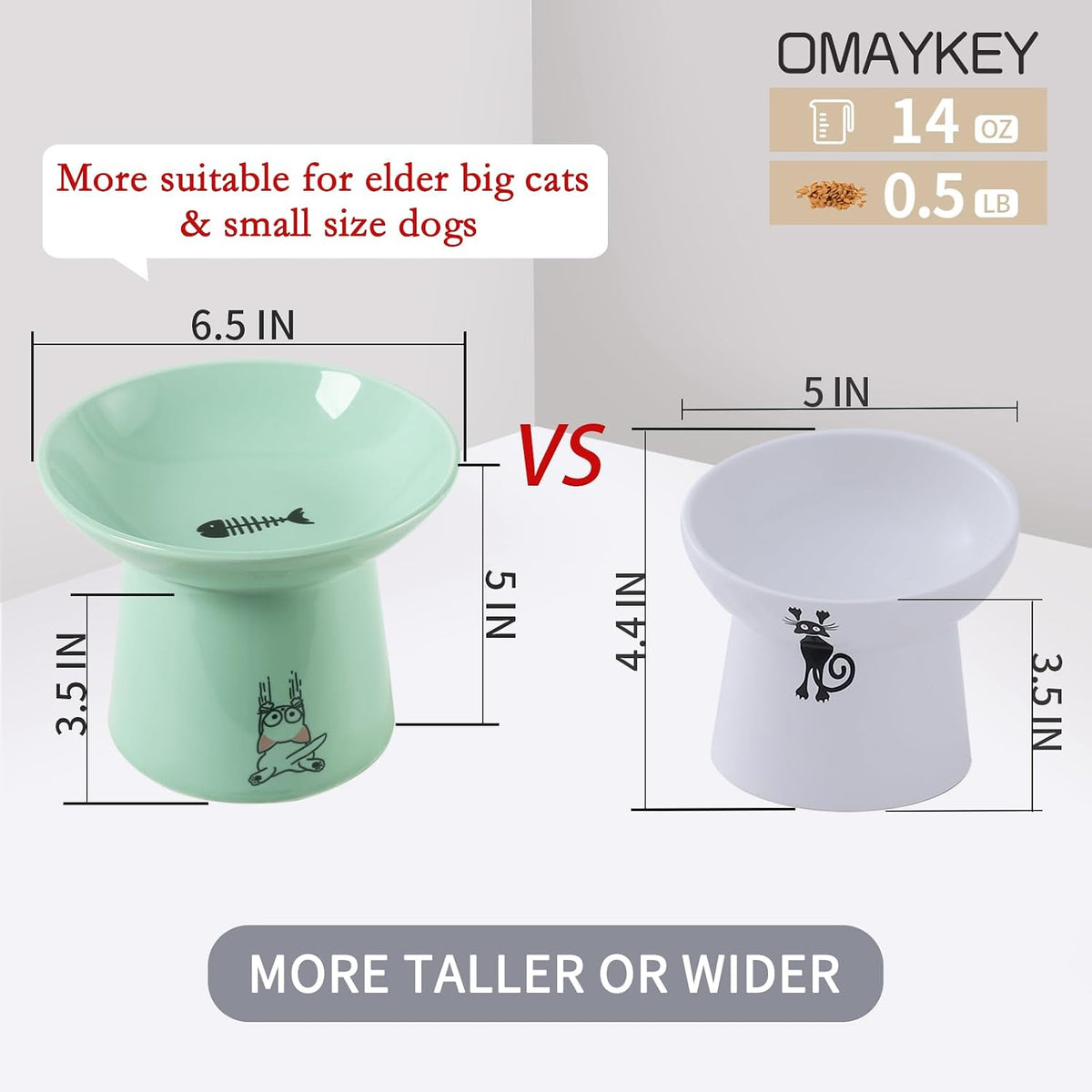 6.5 Inch Extra Wide Ceramic Elevated Cat Bowls - White & Green - image 3