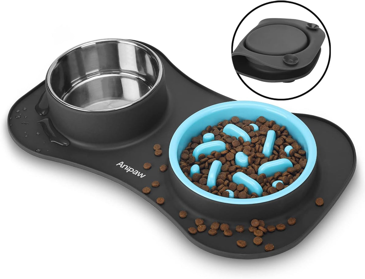 Slow Feeder Dog Bowls 3 in 1 Stainless Steel Food Water Bowl to Slow - Small ＆ Medium Breed / Dark Grey