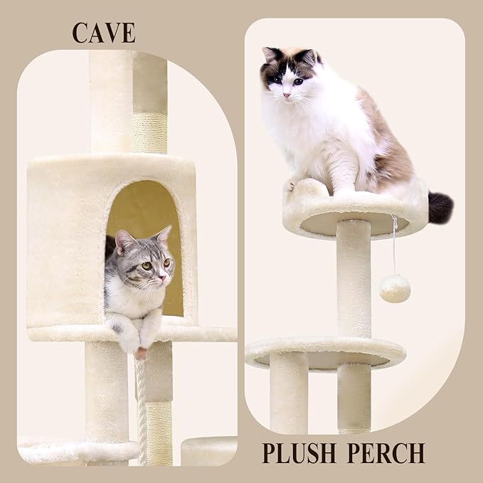 Globlazer Artistic Curved Cat Tower for Small Cats (Under 12 lbs), 81-inch Slim Design Cat Tree with Space-Saving Design, Indoor Cat Condo with Hammock & Tunnel, C81, Beige, Non-Large Cats