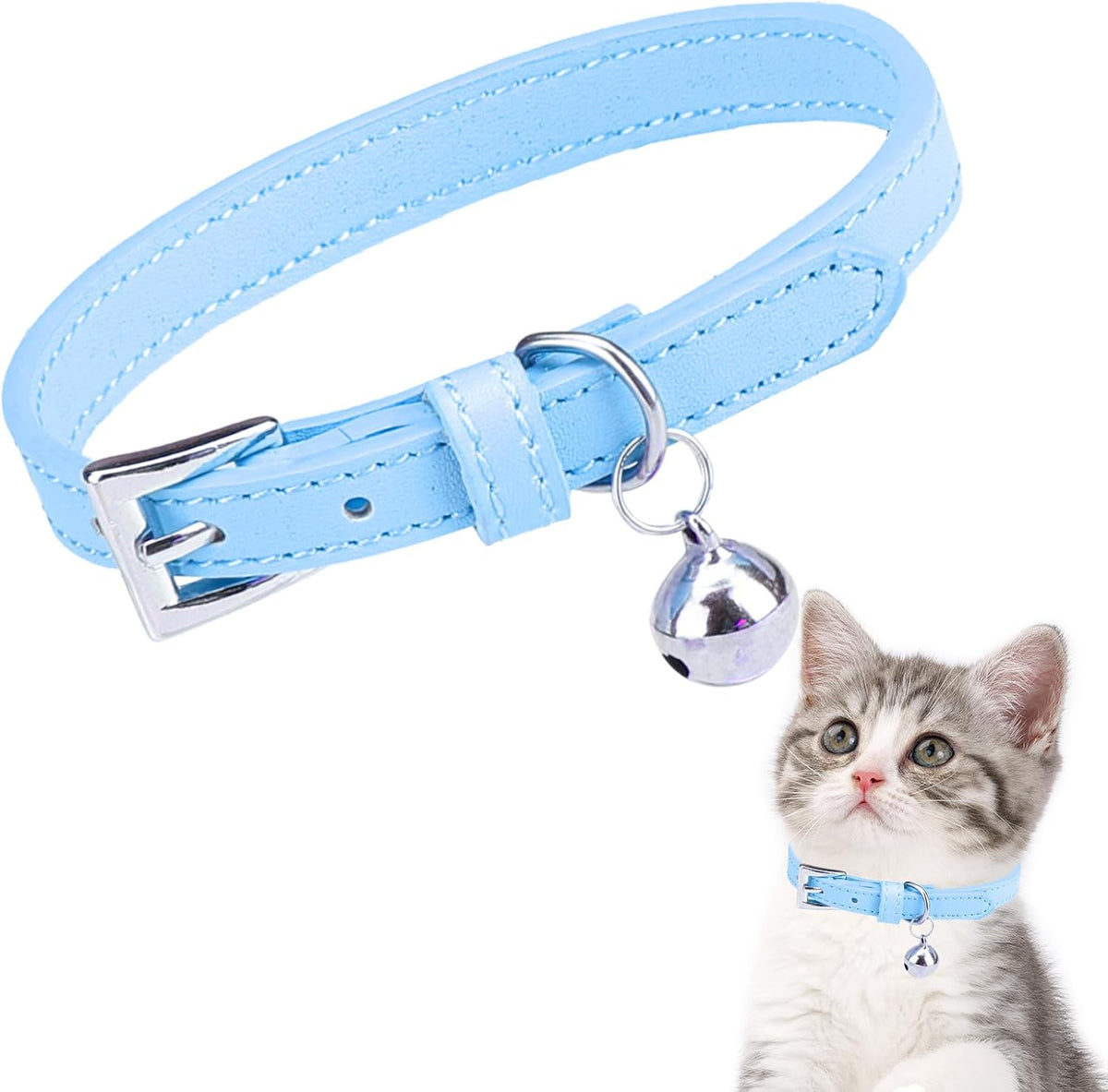 PUPTECK 2 PCS Soft Genuine Leather Cat Kitten Collar with Bells - Blue