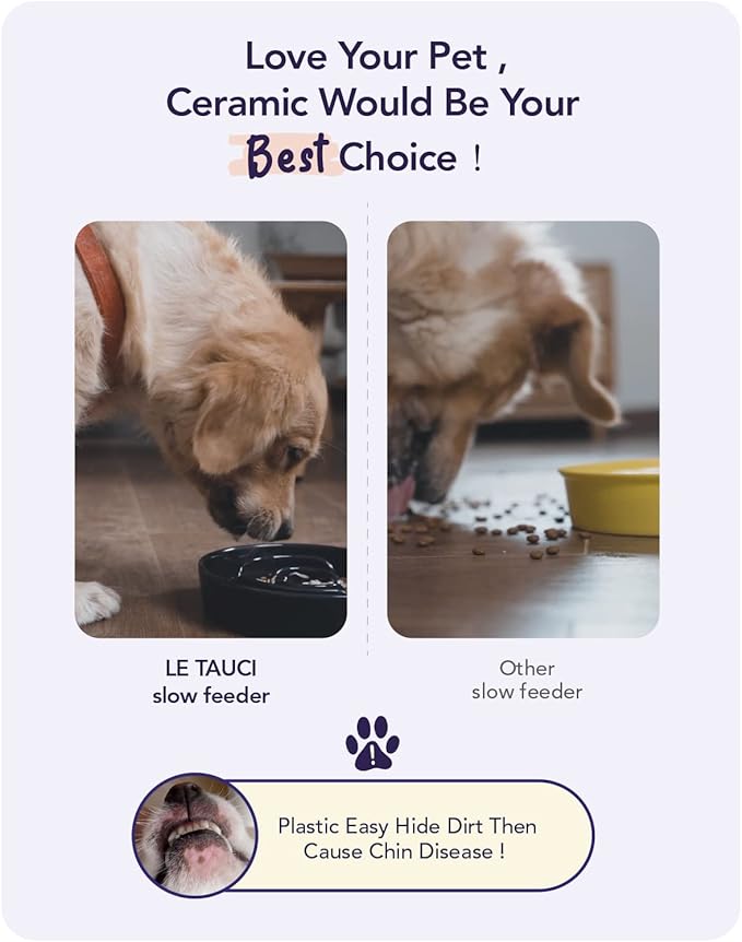 LE TAUCI Slow Feeder Dog Bowls Ceramic, 3 Cups Slow Feeding Dog Bowl Medium Large Breed, Puzzle Pet Dishes,Vortex Blue