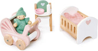 Tender Leaf Toys wooden dollhouse furniture nursery set with cot, high chair, pram and baby - view 5