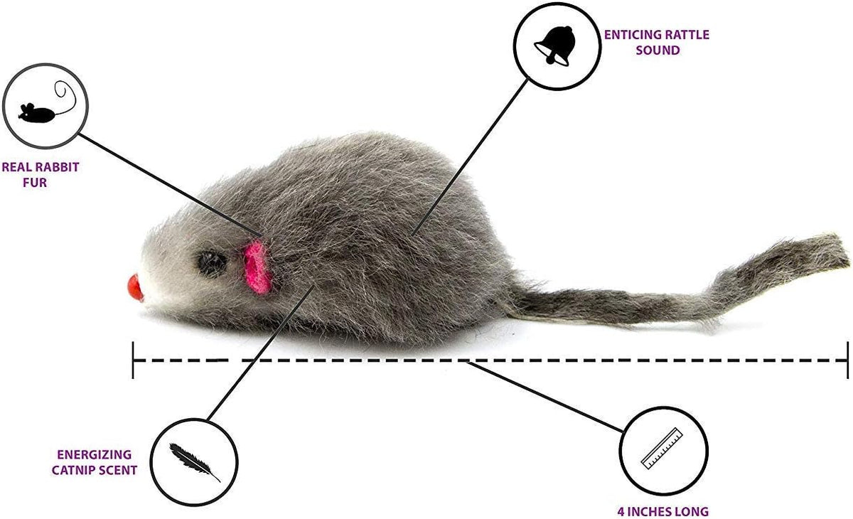 Pack of 20 handmade rabbit fur catnip mice cat toys with rattle in black, white and grey - view 3