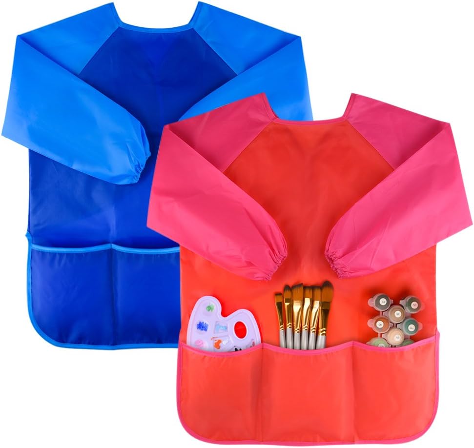KUUQA Waterproof Children Art Smock Kids Art Aprons – Fun for Kids & Family - Blue, Red / 2