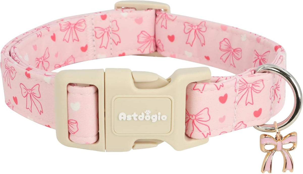 Medium Dog Collars for Male Dogs - Bow Pink Heart / L