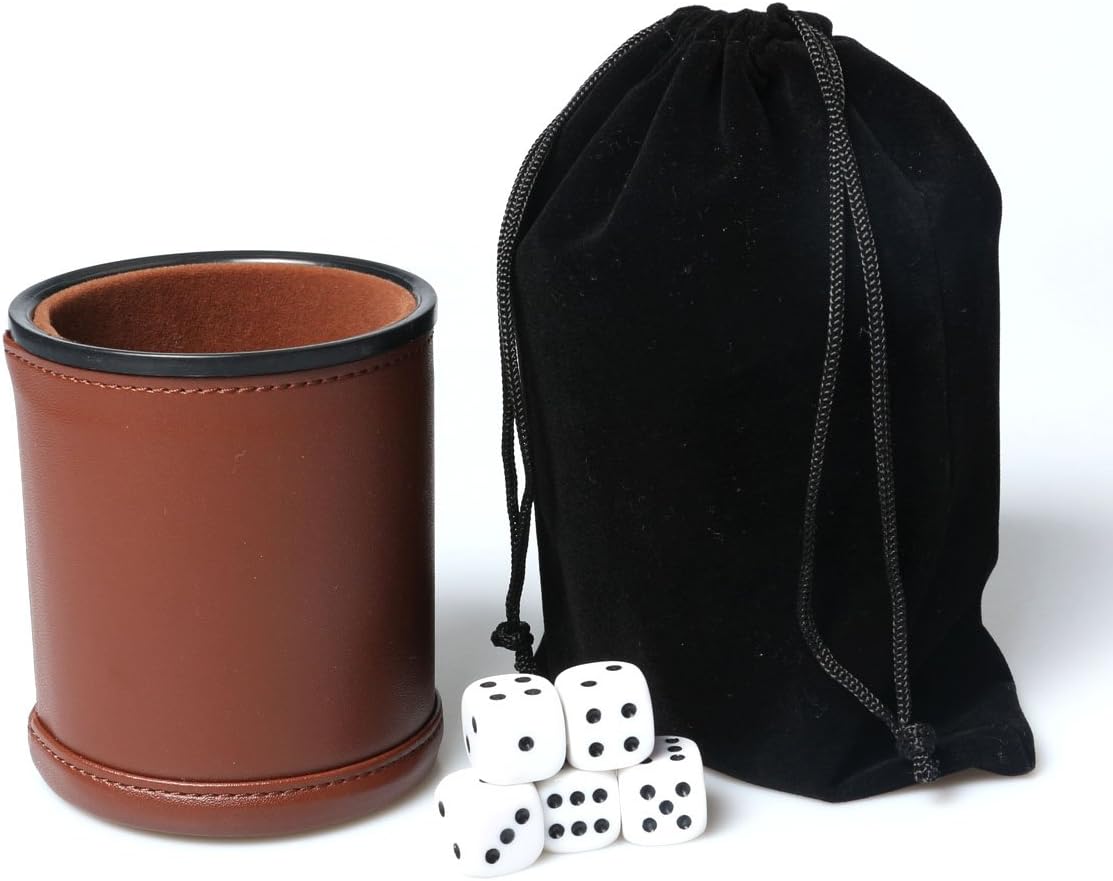 Felt Lined PU Leather Dice Cup Set with 6 Dot Dices – Fun for Kids & Family - Brown - image 4