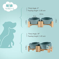 SPUNKYJUNKY 15° Slanted Ceramic Dog and Cat Bowl with Wooden Stand, Tilted Bulldog Food and Water Bowl No Slip Non-Spill for Cats Medium Dogs Big Face Pets 13.5 OZ (1.7 Cups, Light Green × 2)