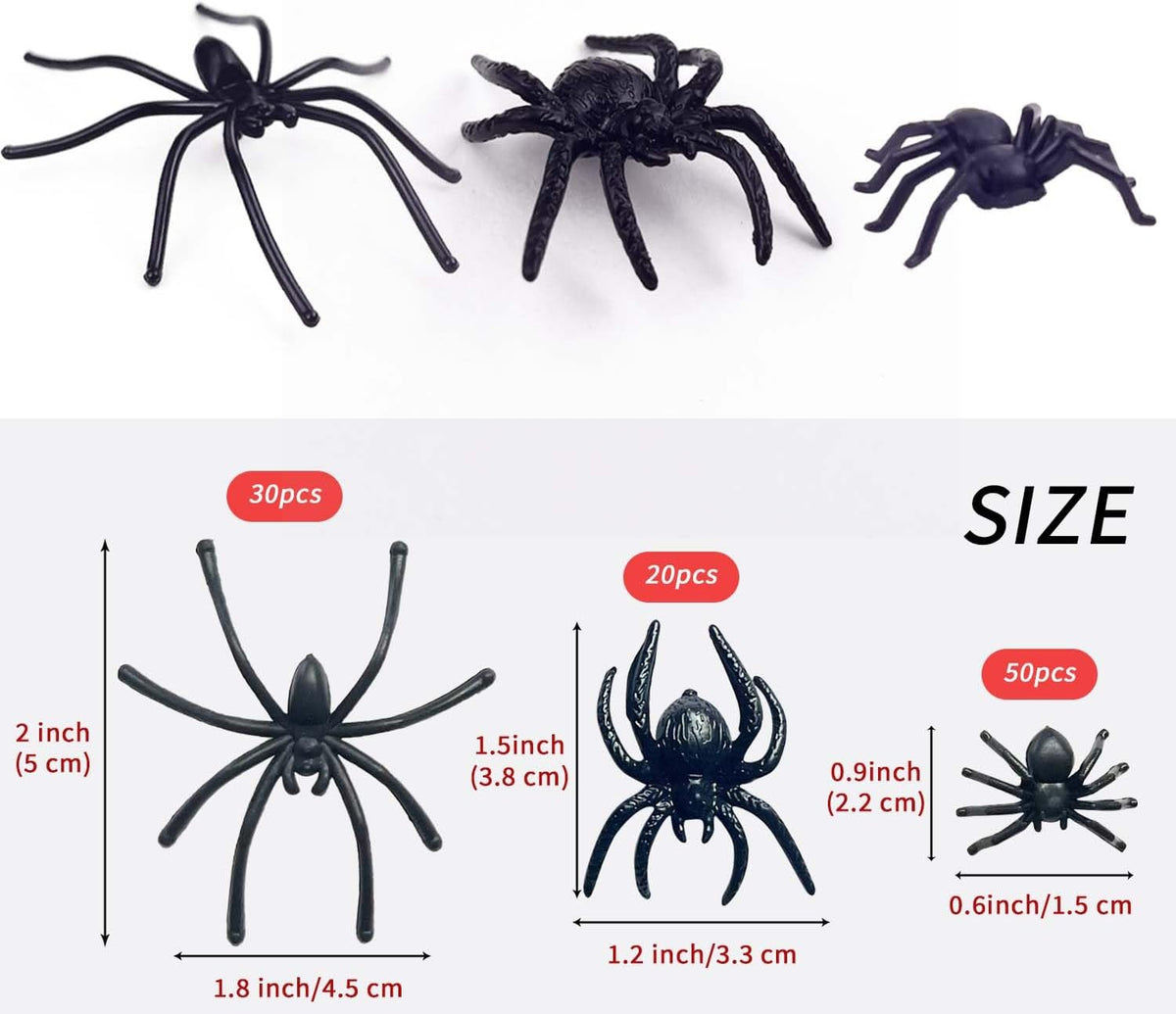 KOMIDK black fake plastic spiders, 100 pieces in large, medium and small sizes - view 2