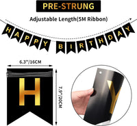 Happy Birthday Banner,Pre-Strung Black and Gold Party Decorations，16ft Pre-Strung Hanging Sign - black - image 2