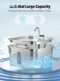Dog Water Fountain for Large Dogs, 8L/2.1Gal Stainless Steel Pet Water Fountain with Water Level Window, Automatic Dog Water Bowl Dispenser for S-L Dogs and Multi-Pets (with 6pcs Filters)