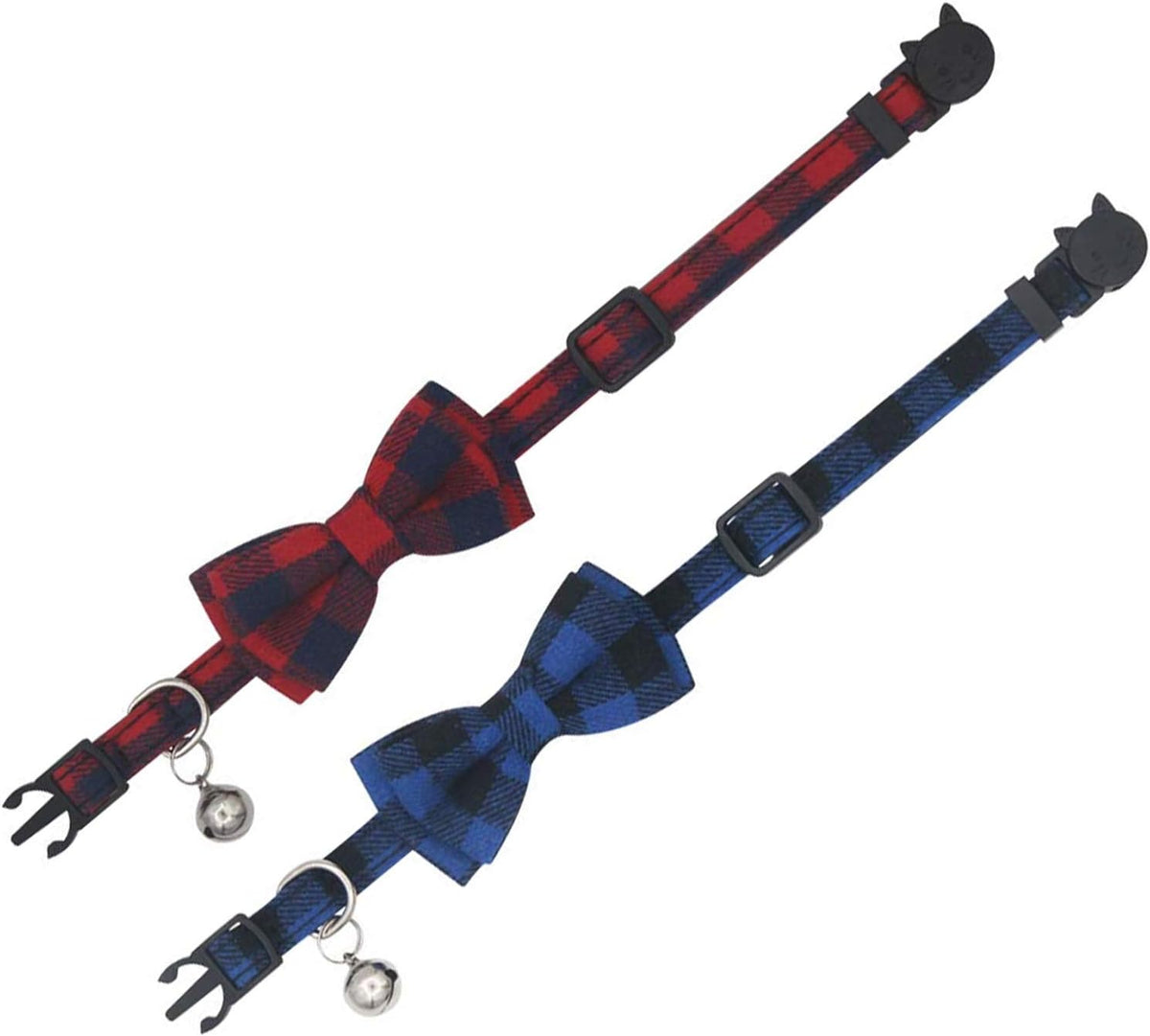 2 Pack/Set Cat Collar Breakaway with Cute Bow Tie and Bell for Kitty - Blue+Red / Plaid - image 3