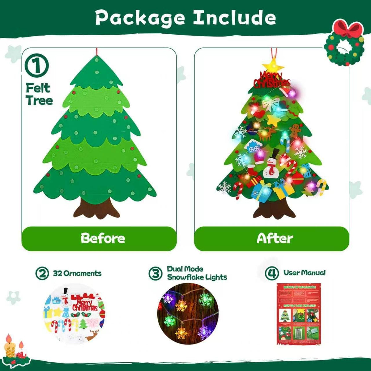 Felt Christmas Tree for Toddlers with Snowflake Light + 32 Ornament - B-Colorful Light - image 2