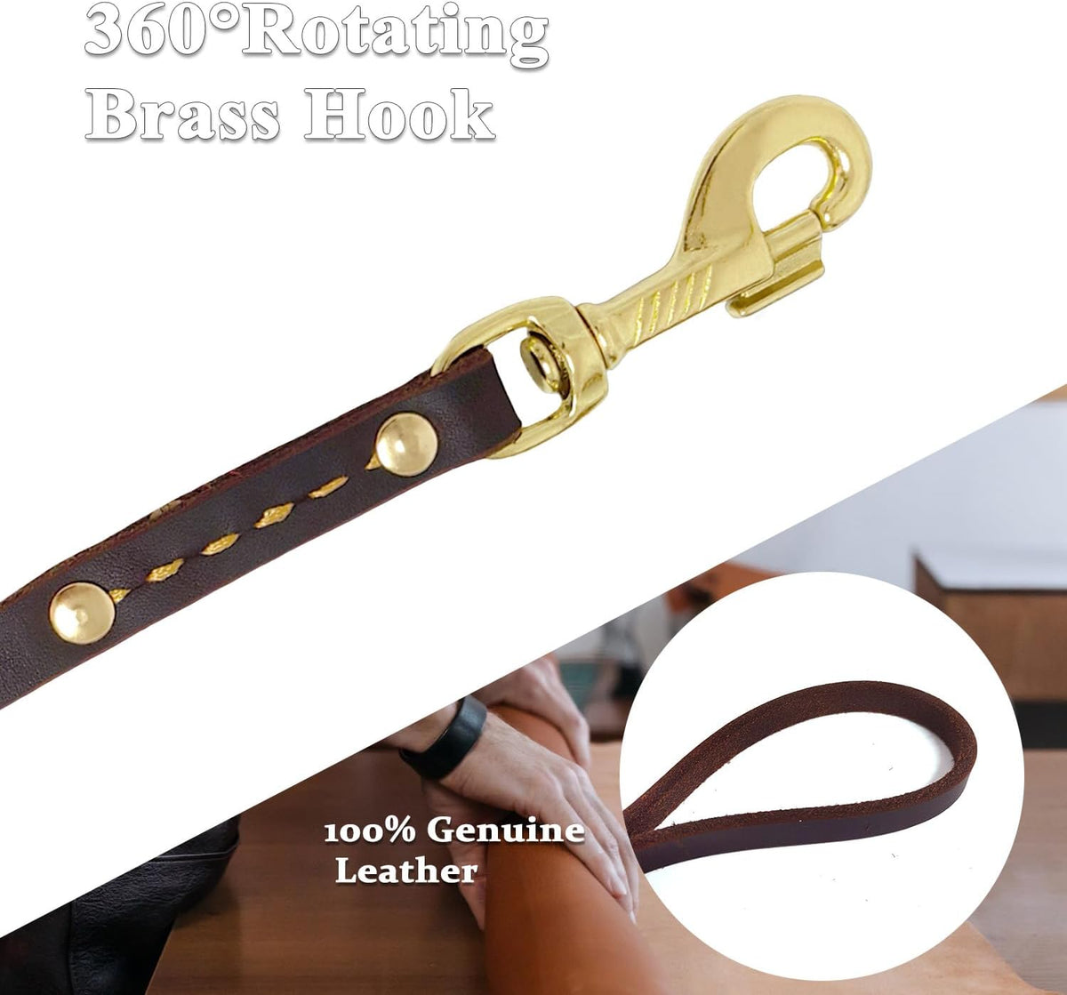 Genuine leather dog leash 6 ft by 1/2 inch with rotating copper hook and soft handle - view 4