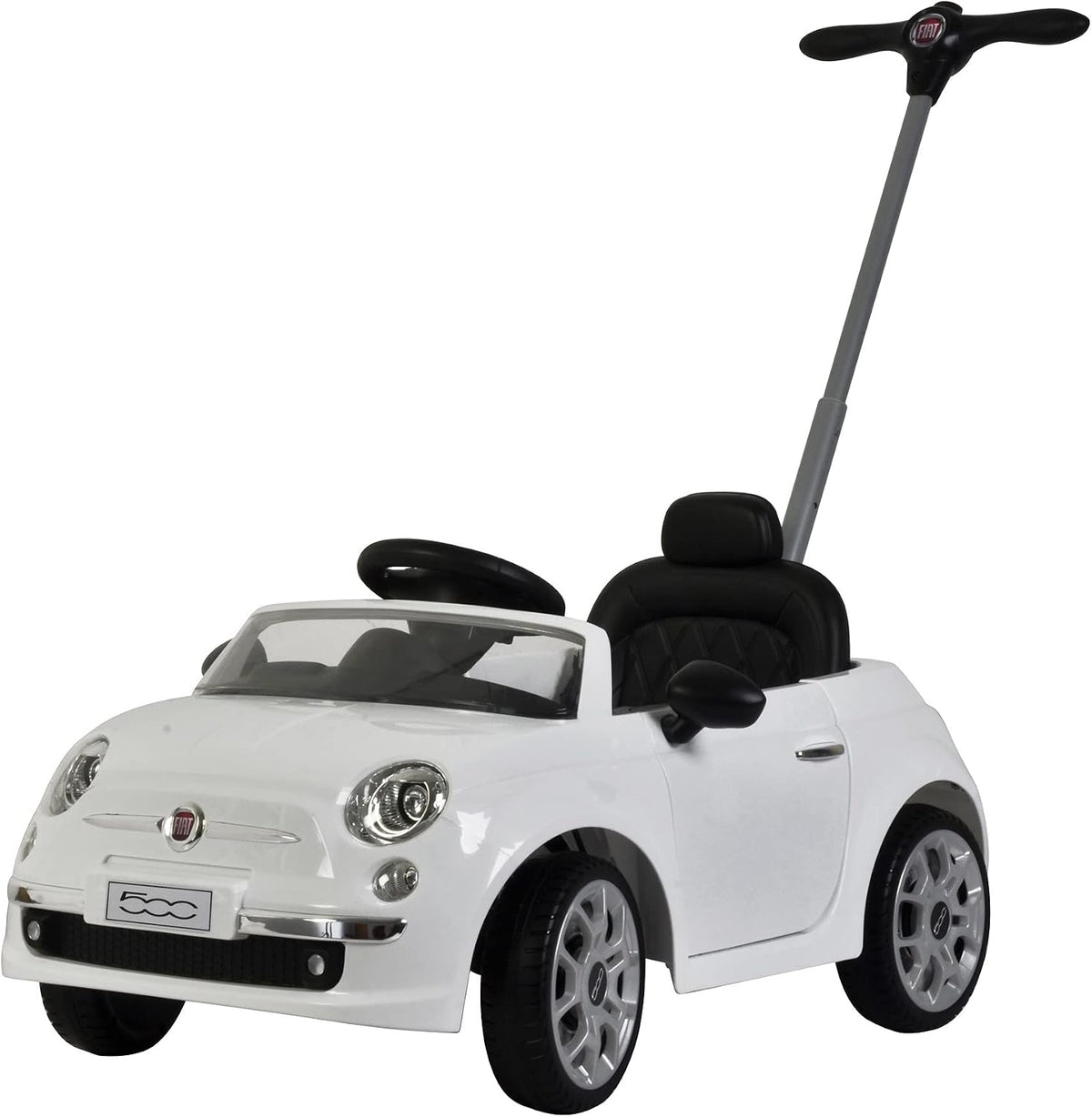 White Fiat 500 push car ride-on with stroller handle by Best Ride On Cars