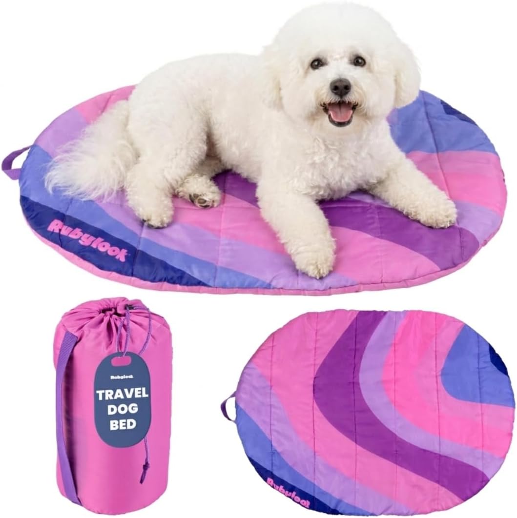 Travel Dog Bed, Foldable & Packable with Carry Bag, Black - Pink Horizon / Small