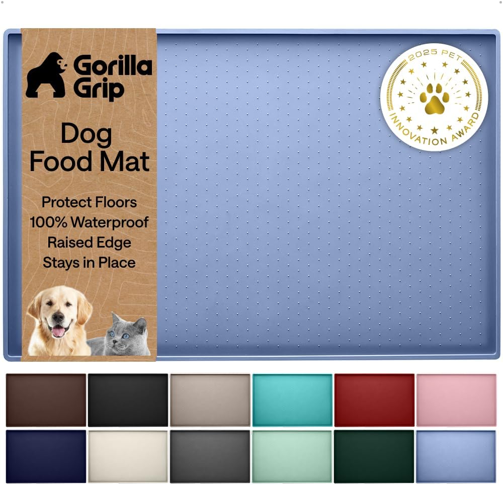 GORILLA GRIP Dog Food Mat, 100% Waterproof Silicone, 16x10 Beige – Essentials for Dogs - Light Blue / 32"l X 24"w