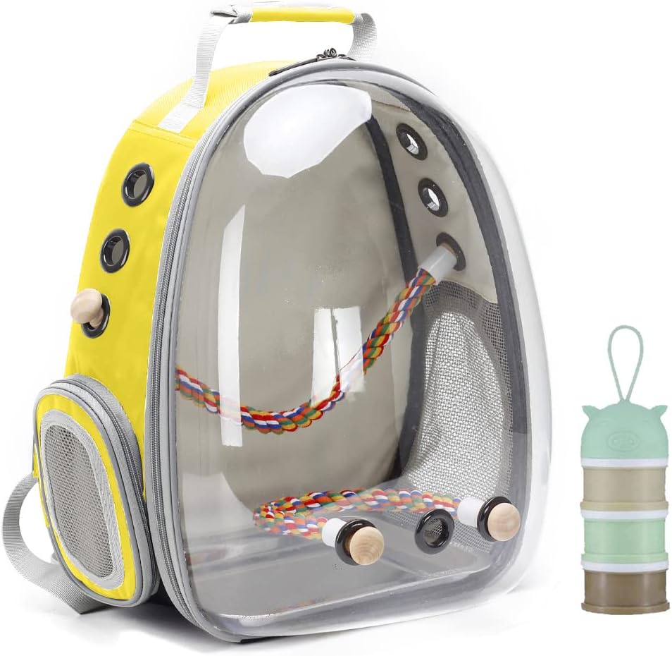 Bird Travel Carrier Cage, Clear Space Capsule Astronaut Backpack to Carry Parakeet Cockatiel Parrot - Yellow / Clear Bubble