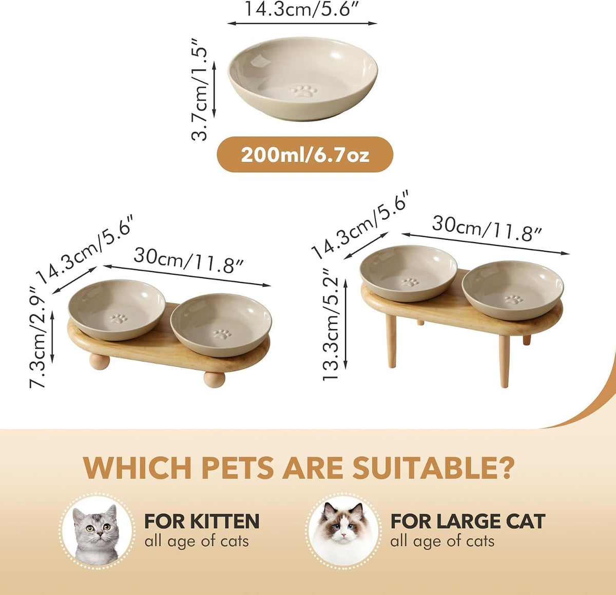 Elevated Cat Bowls, Cat Food and Water Bowl Set - Vintage Latte / 2 Bowls - image 2