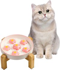 Ceramic Slow Feeder Cat Bowl, 6.3" Whisker Friendly Anti-Vomit - Pink + Stand