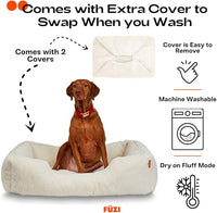 FUZI Luxury Aesthetic Dog Bed with Extra Cover for Large Dogs, Washable Pet Couch, Pet Bed with Sides, Non-Slip Bottom, Soft and Durable Calming Dog Bed, Faux Fur, Large 35.6x28.5x9.5 Soft White