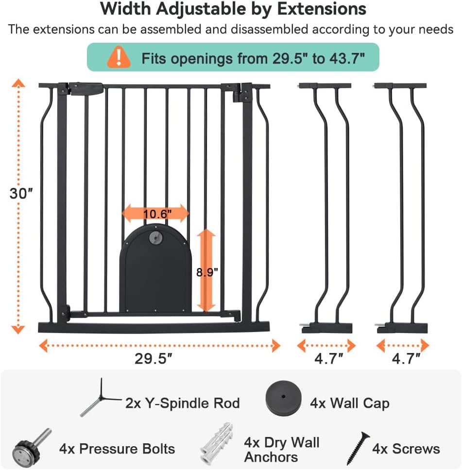 COMOMY 29.5-43.7" Pet Gate with Adjustable Cat Door for Stairs - Black / 43.7" Wide x 30" Tall - image 2
