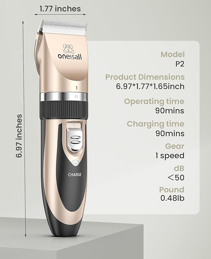oneisall Dog Clipper Low Noise, Dog Grooming Kit with Rechargeable, Dog Shaver Cordless Electric Quiet Hair Clipper Set for Dog Cats Pets（Gold）