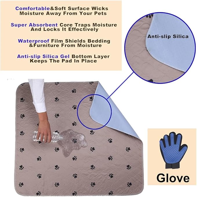 SincoPet Washable Dog Pee Pads with Puppy Grooming Gloves,Puppy Pads,Reusable Pet Training Pads,Large Dog Pee Pad,Waterproof Pet pads for dog Bed Mat,Super Absorbing Whelping Pads, Brown