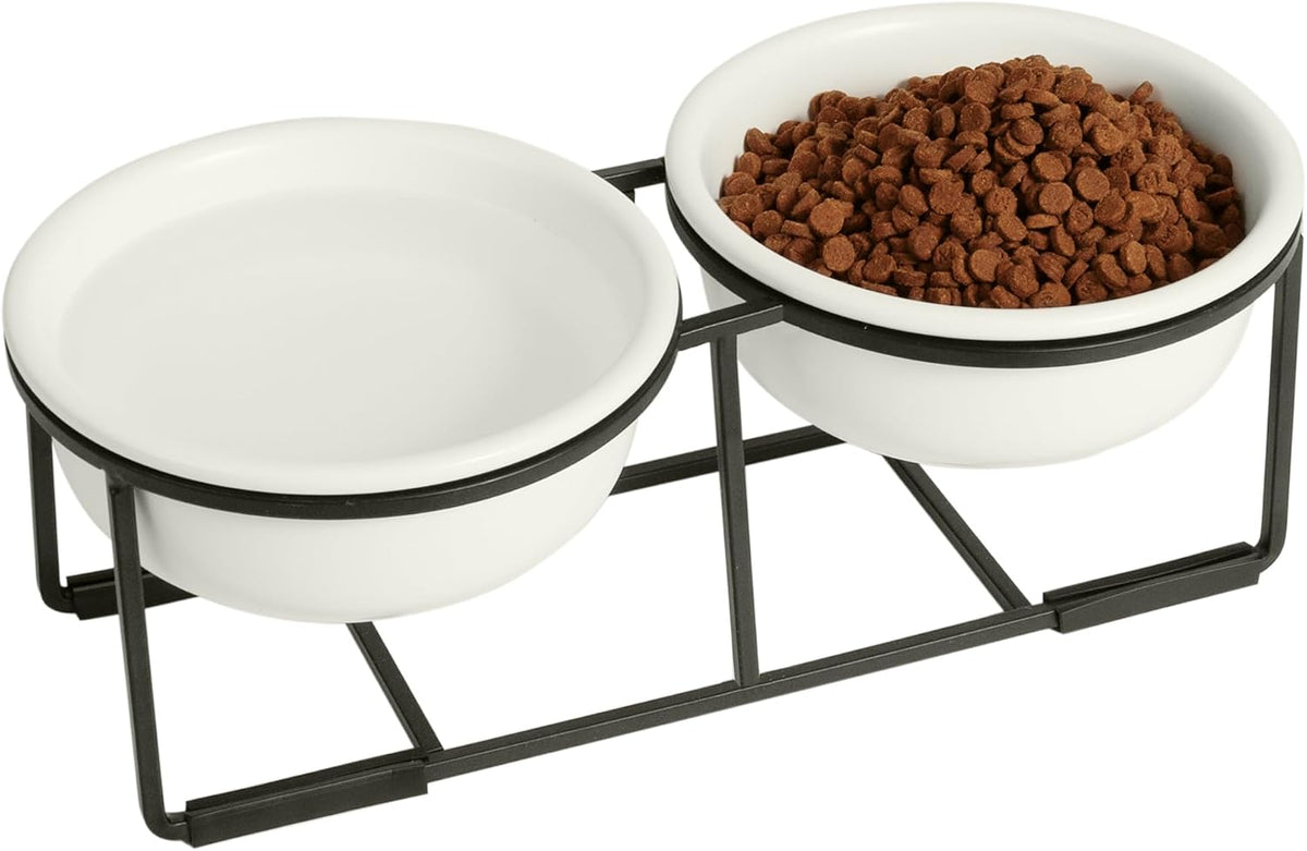 Ceramic Elevated Dog Bowls with Stand - Matte White / S × 2