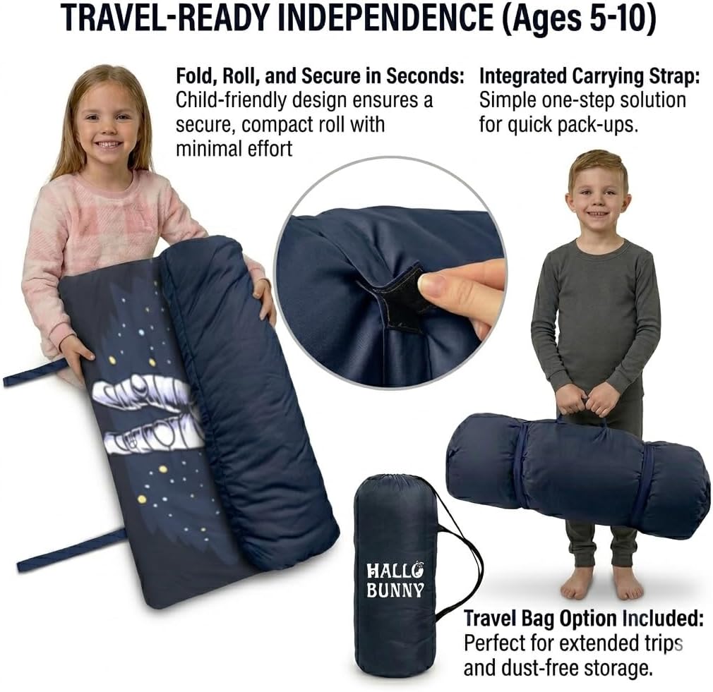 hallo bunny kids sleeping bag with attached pillow, extra-long slumber bag shown in space astronaut  - view 12