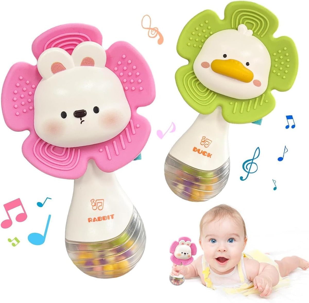 2 PCS Baby Rattles Teething Toys 3-6 Month - multicolored