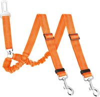 SlowTon Double Dog Seat Belt for Car with Elastic Bungee Buffer - J.Orange / 2 Medium in 1
