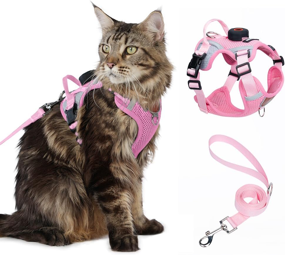 Skmeditec Cat Harness and Leash Set: Upgraded Escape Proof Vest - Pink (Holder for Airtag) / S