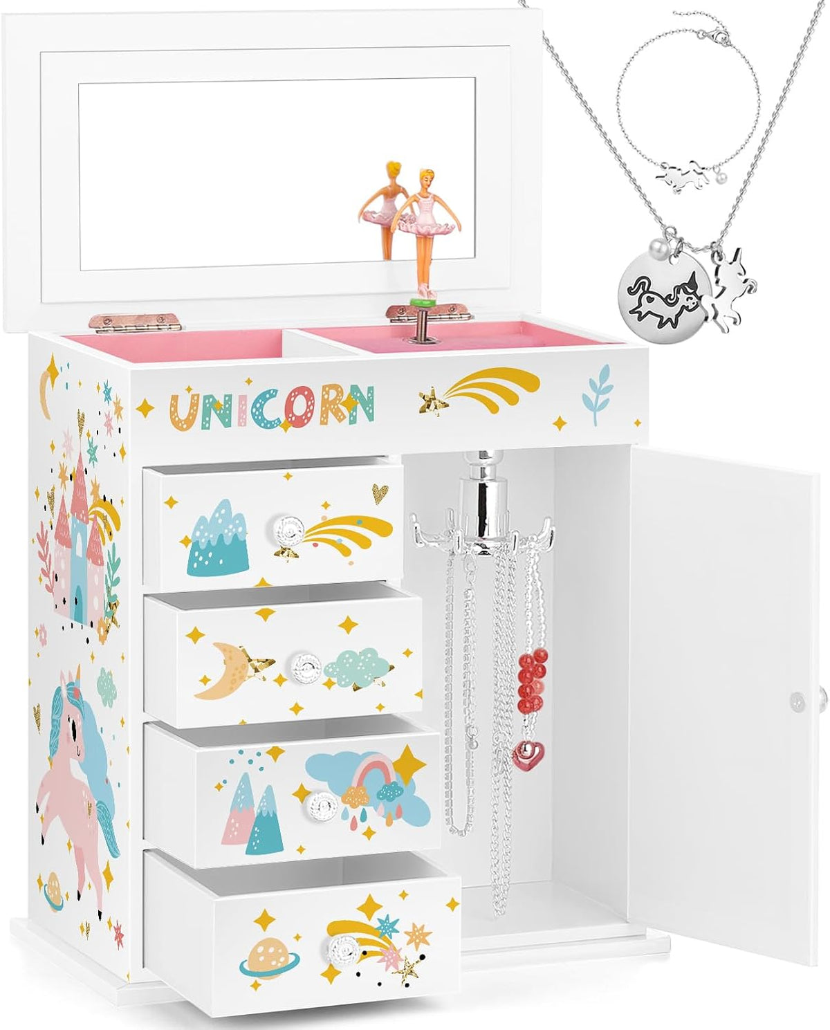 Jewelry Box for Girls 5-Layer with Swing Door Spinning Ballerina - White