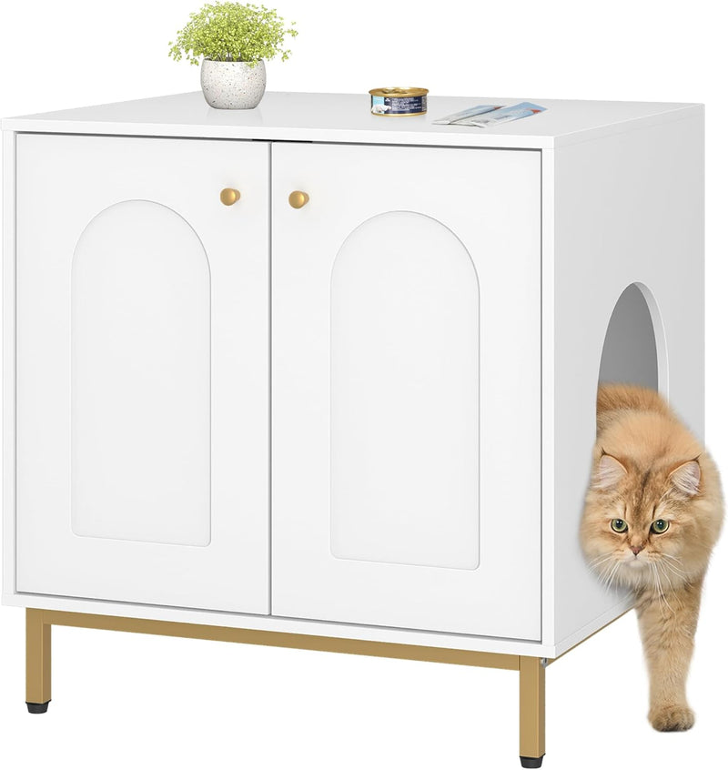 Hzuaneri Cat Litter Box Enclosure, Hidden Litter Box Furniture - 23.6"L x 19.7"W x 24"H / White and Gold