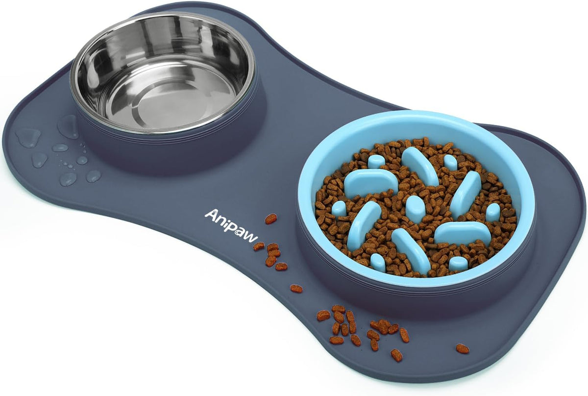 Slow Feeder Dog Bowls 3 in 1 Stainless Steel Food Water Bowl to Slow - Large Breed / Light Grey